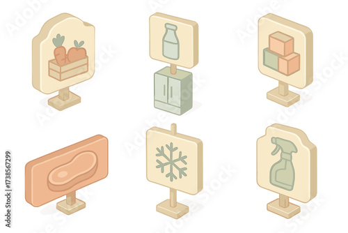 Market Aisle Icons. Isometric vector illustration set Market Navigation Graphics: section sign with produce crate symbol, dairy