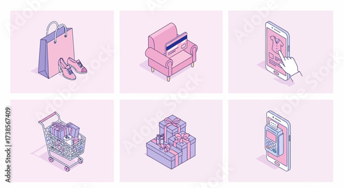 Digital Shopping and E-commerce Concepts Illustrated with Isometric Icons