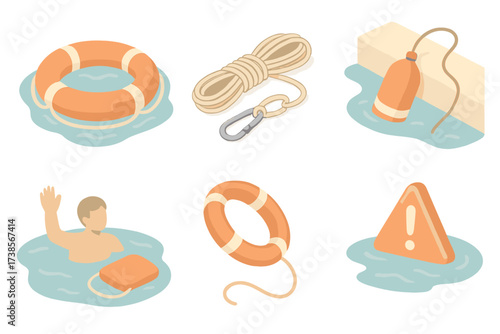 Open Water Rescue Icons. Isometric vector illustration set Open Water Rescue Set: inflated lifebuoy ring bobbing in sea, coiled
