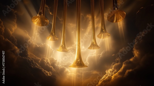 Seven golden trumpets shining from heaven through soft blue clouds, divine biblical symbolism of Revelation and prophecy, heavenly light and sacred atmosphere