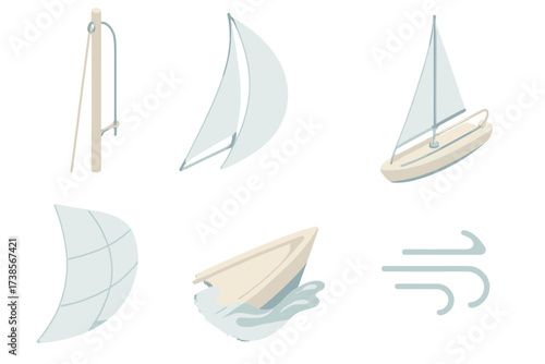 Sailing Equipment Diagram. Isometric vector illustration set Sail Setup Details: mast with halyard and sail track, sail catching