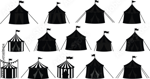 Black circus tent collection, vintage carnival tents vector, retro fairground illustration, festival marquee icons, circus design elements set