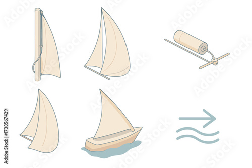 Sailing Equipment Diagram. Isometric vector illustration set Sail Setup Details: mast with halyard and sail track, sail catching