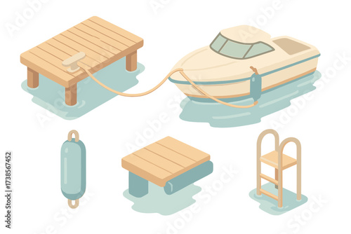 Marina Dock Illustration. Isometric vector illustration set Marina Dock Setup: wooden dock extending over water, boat tied to