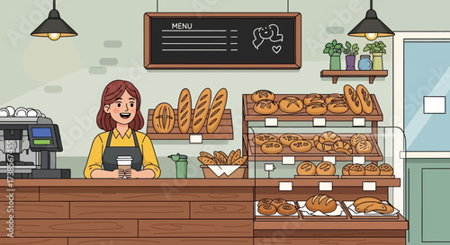 Charming Bakery Scene with Friendly Barista Serving Coffee Amidst Freshly Baked Goods Displayed on Shelves
