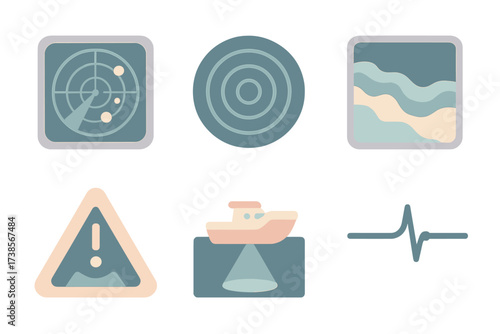 Isometric Sonar Tools. Isometric vector illustration set Sonar Navigation Tools: sonar screen with moving targets, ping signal
