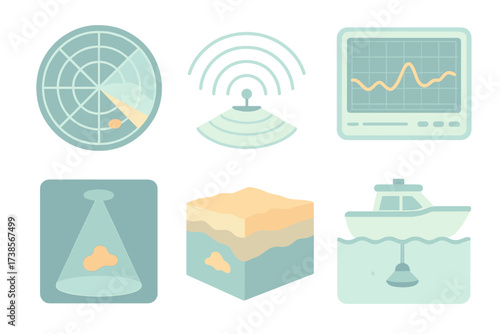 Advanced Sonar Scanning. Isometric vector illustration set Advanced Sonar Scanning: sonar radar-style view, ping spread with