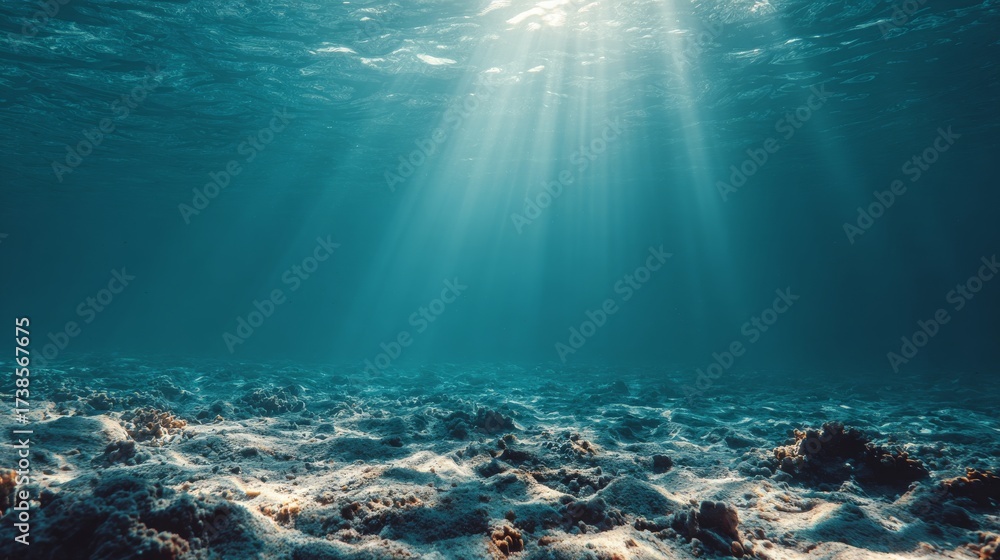 Obraz premium A mesmerizing underwater background with beams of light filtering through the clear blue water. The light creates a dynamic ripple effect on the ocean floor
