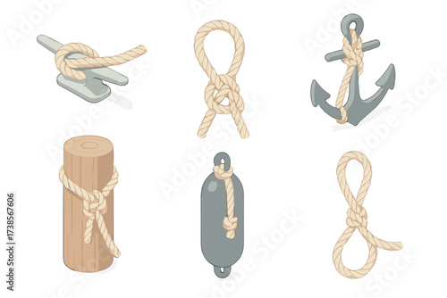 Boat Mooring Knots. Isometric vector illustration set Boat Mooring Knots: mooring rope with cleat hitch, dock line in bowline form