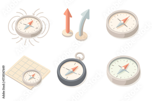 Magnetic Compass Illustrations. Isometric vector illustration set Magnetic Field Navigation: compass with magnetic lines