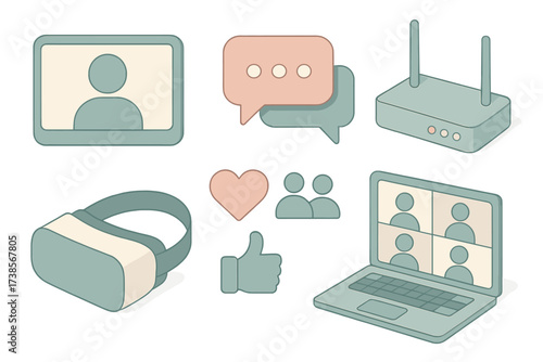 Modern Communication Icons. Isometric vector illustration set of modern communication: video call screen, chat bubbles, wireless