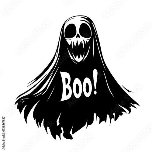 Vector Halloween ghost with scary face and Boo text spooky silhouette illustration