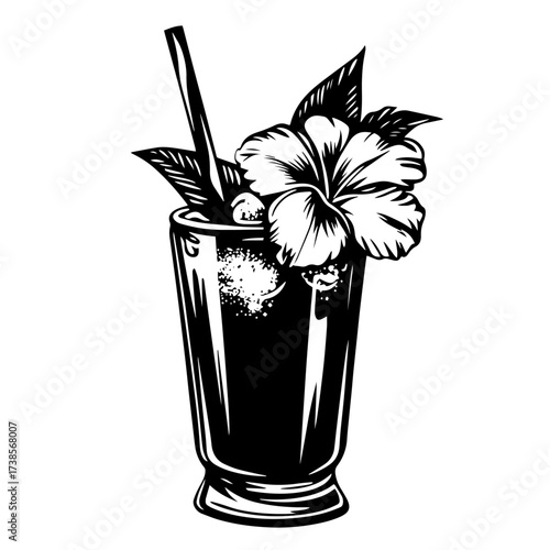 Vector tropical cocktail silhouette drink with hibiscus flower illustration