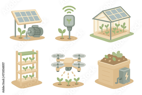 Eco Farming Technology Icons. Isometric vector illustration set of eco farming technology: solar irrigation pump, smart soil