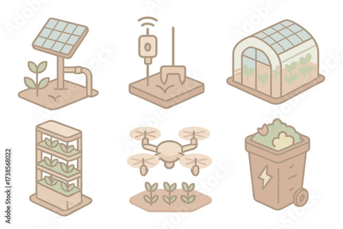 Eco Farming Technology Icons. Isometric vector illustration set of eco farming technology: solar irrigation pump, smart soil