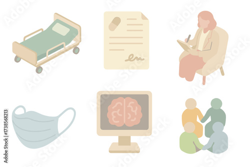 Psychiatric Support Icons. Isometric vector illustration set of psychiatric support: hospital bed, medical prescription,