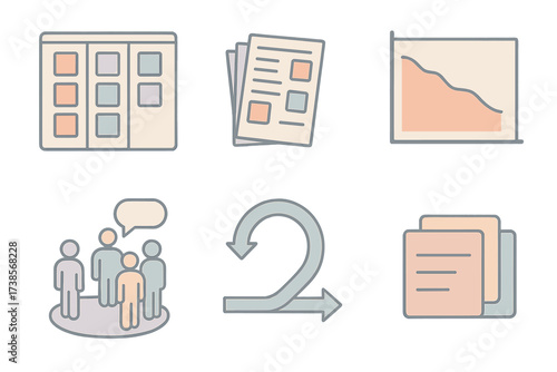 Agile Scrum Essentials. Isometric vector illustration set of Agile Scrum essentials: Scrum board with sticky notes, sprint backlog