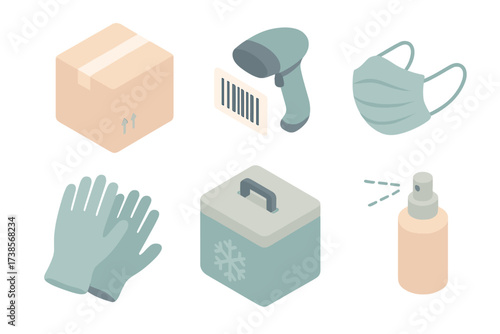 Safe Medicine Delivery Icons. Isometric vector illustration set of safe medicine delivery: sealed package, barcode scanner,