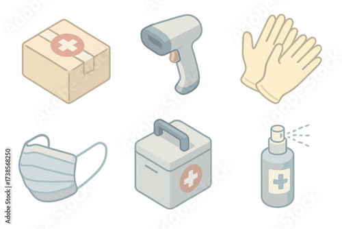 Safe Medicine Delivery Icons. Isometric vector illustration set of safe medicine delivery: sealed package, barcode scanner,