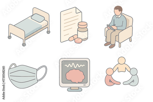 Psychiatric Support Icons. Isometric vector illustration set of psychiatric support: hospital bed, medical prescription,