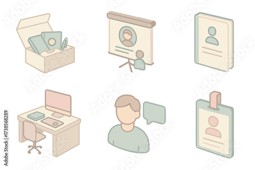 Onboarding Process Essentials. Isometric vector illustration set of onboarding process: welcome kit box, orientation presentation,