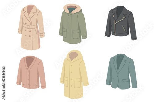 Outerwear Icon Set. Isometric vector illustration set of outerwear icons: trench coat, parka, leather jacket, raincoat, cardigan,