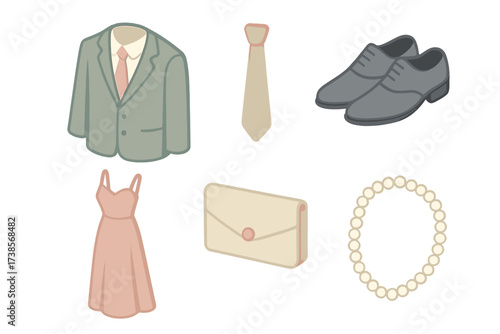 Formal Wear Icons. Isometric vector illustration set of formal wear icons: men’s suit, tie, tuxedo shoes, evening gown, clutch bag