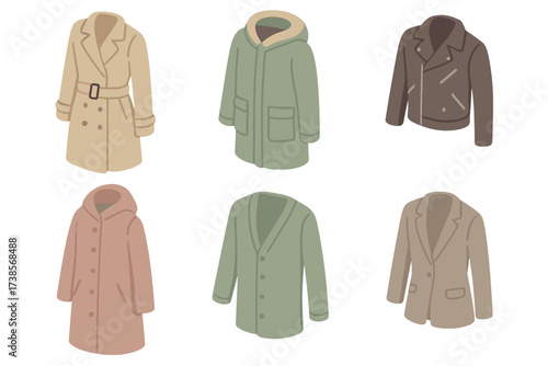 Outerwear Icon Set. Isometric vector illustration set of outerwear icons: trench coat, parka, leather jacket, raincoat, cardigan,