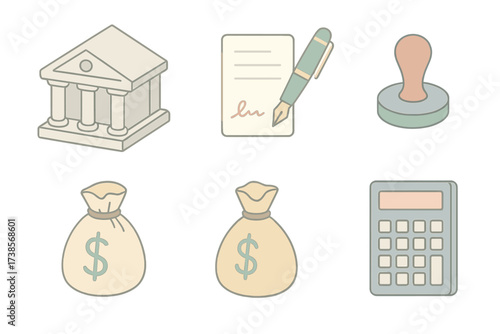 Bank Loan Icons. Isometric vector illustration set of bank loan icons: bank building, contract paper, signature pen, loan approval