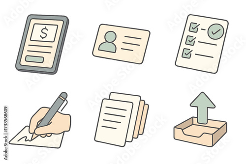 Loan Process Icons. Isometric vector illustration set of loan application process icons: online form on tablet, ID card, approval