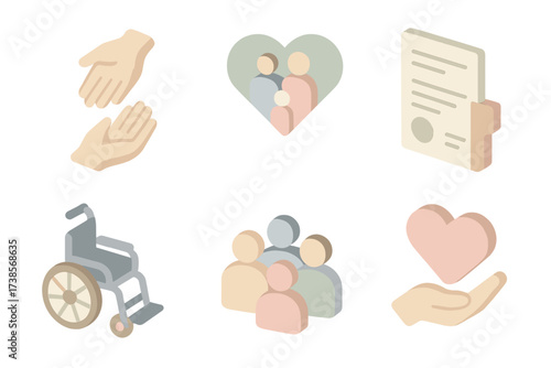 Social Service Icons. Isometric vector illustration set of social service icons: helping hands, family symbol, pension document,