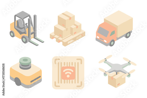 Logistics Technology Icons. Isometric vector illustration set of logistics and warehouse technology icons: forklift, pallet with