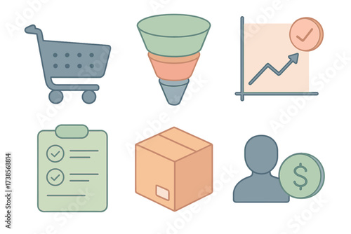 Sales KPI Icons. Isometric vector illustration set of sales KPI icons: shopping cart, funnel diagram, conversion rate chart, order