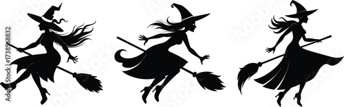 Halloween Witch Silhouette Vector Set on Broomstick,Silhouette of a female witch,witch flying on a broom,Vector black silhouette,witch flying on a broom for halloween design,Three witches flying,Ai