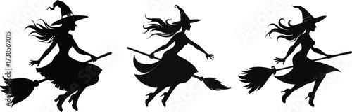Halloween Witch Silhouette Vector Set on Broomstick,Silhouette of a female witch,witch flying on a broom,Vector black silhouette,witch flying on a broom for halloween design,Three witches flying,Ai