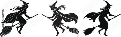 Halloween Witch Silhouette Vector Set on Broomstick,Silhouette of a female witch,witch flying on a broom,Vector black silhouette,witch flying on a broom for halloween design,Three witches flying,Ai