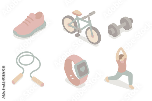 Active Lifestyle Icons. Isometric vector illustration set of physical activity icons: running shoe, bicycle, dumbbell, jump rope,
