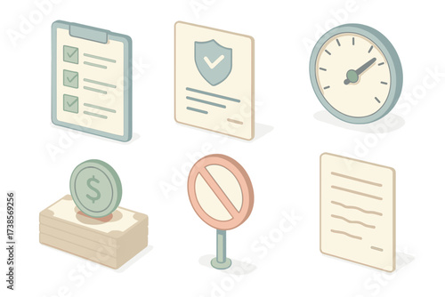Rental Policies Icons. Isometric vector illustration set of rental policies icons: checklist, insurance document, speedometer,