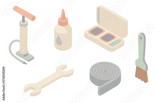Bike Maintenance Icons. Isometric vector illustration set of bike maintenance icons: air pump, chain oil, tire patch kit, wrench,