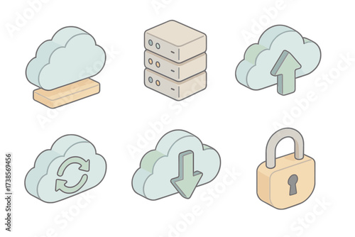 Cloud Computing Icons. Isometric vector illustration set of cloud computing icons: cloud storage, server rack, upload arrow,