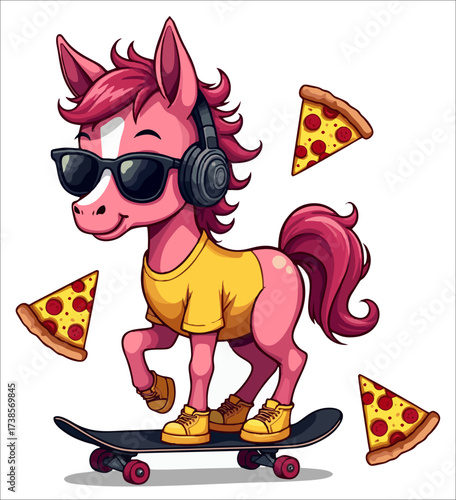 Vector fashion design for children t-shirt. Pink baby horse on skateboard in sunglasses, headphones with pizza on transparent background. Cartoon print for fabric, kid clothing. 2026 New Year symbol. 