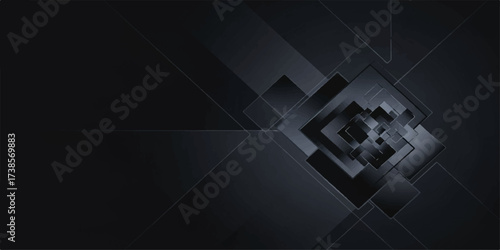 The abstract dark blue background features a futuristic geometric pattern of digital tech squares and cubes for a science and business concept vector wallpaper