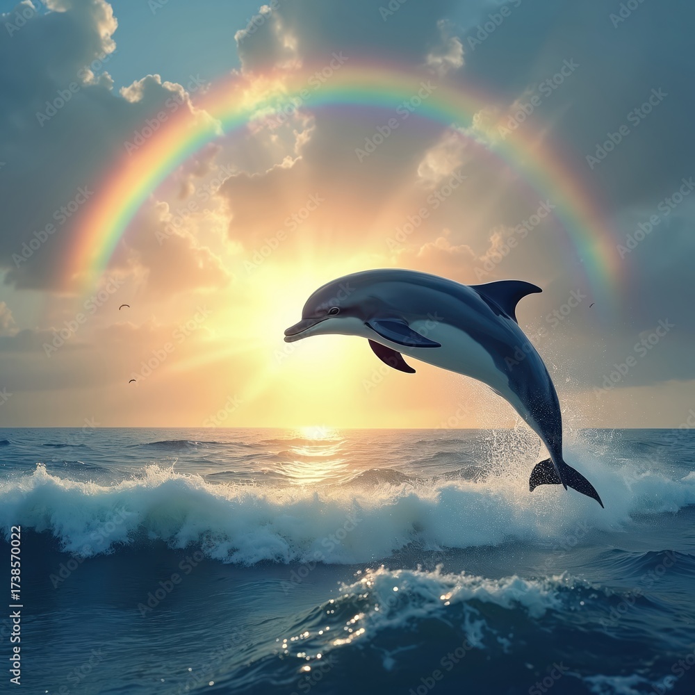 Fototapeta premium Dolphin leaps from sea at sunset near rainbow. Ocean waves break below. Sun shines through clouds creating dreamy seascape. Marine mammal jumps high in air. Coastal scenic views enhance beauty.