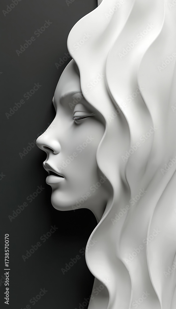 Fototapeta premium Monochrome art design depicts serene woman face in profile. Smooth flowing waves shape hair. Minimalist portrait aesthetic. Sculptural form evokes beauty, elegance. Contrast between light, shadow.
