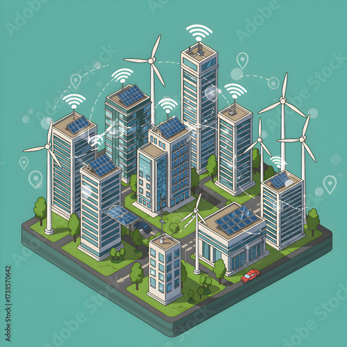 Isometric sustainable smart city with solar panels and wind turbines
