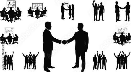 Black silhouette of business people, a business meeting, a team handshake, office workers, isolated on a white background, successful deal