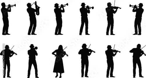 Black silhouette of musicians playing various instruments, including trumpet, saxophone, and violin, isolated on a white background, band members