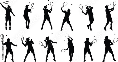 Black silhouette of tennis players, various poses, dynamic and active poses, male and female playing tennis, isolated on white