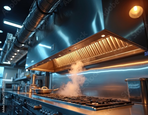 Commercial kitchen with stainless steel cooking range and large exhaust hood. Steam rises from cooking pans on gas stove under ventilation system. Professional cooking equipment in restaurant kitchen.