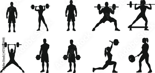 Collection of athletic male and female silhouettes showcasing various fitness and weightlifting exercises, including squats and lunges, for strength training